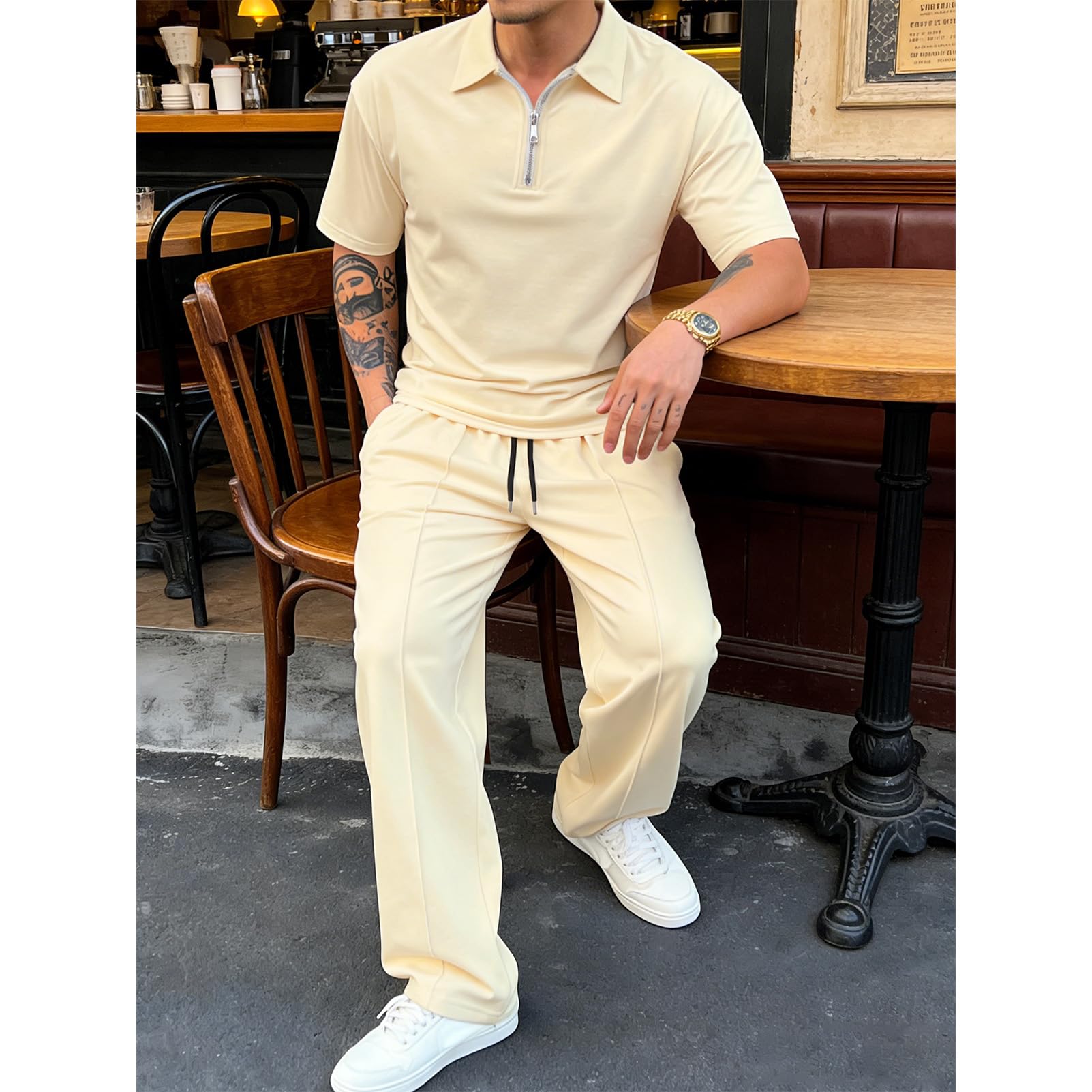 amropi Estiva Sportiva Tuta Uomo Maniche Corte Maglietta con 1/4 Cerniera e Pantaloni da Jogging 2 Pezzi Set