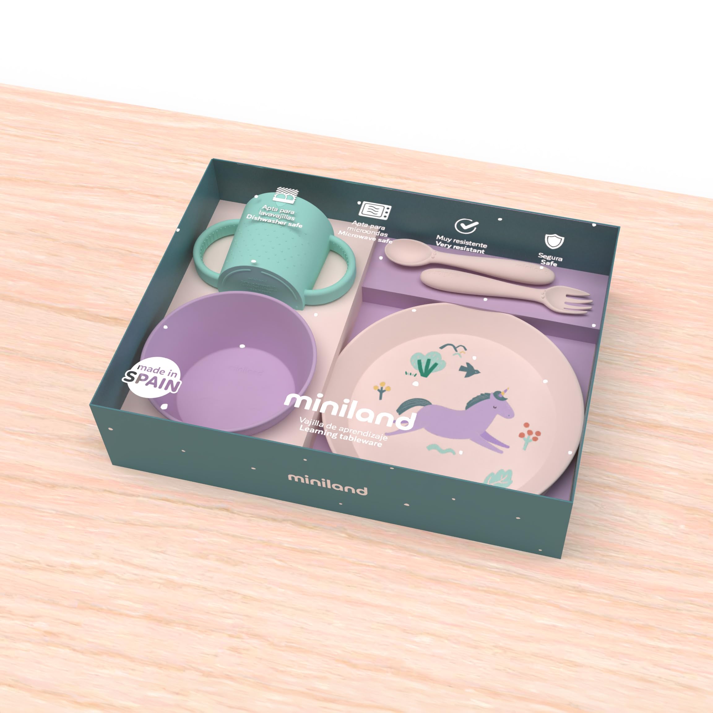 Miniland - Vajilla para Bebé de Aprendizaje | Plato, Vaso Antiderrame y Cubiertos Adaptados para Bebé | Vajilla Infantil Libre de BPA (Set Dream)