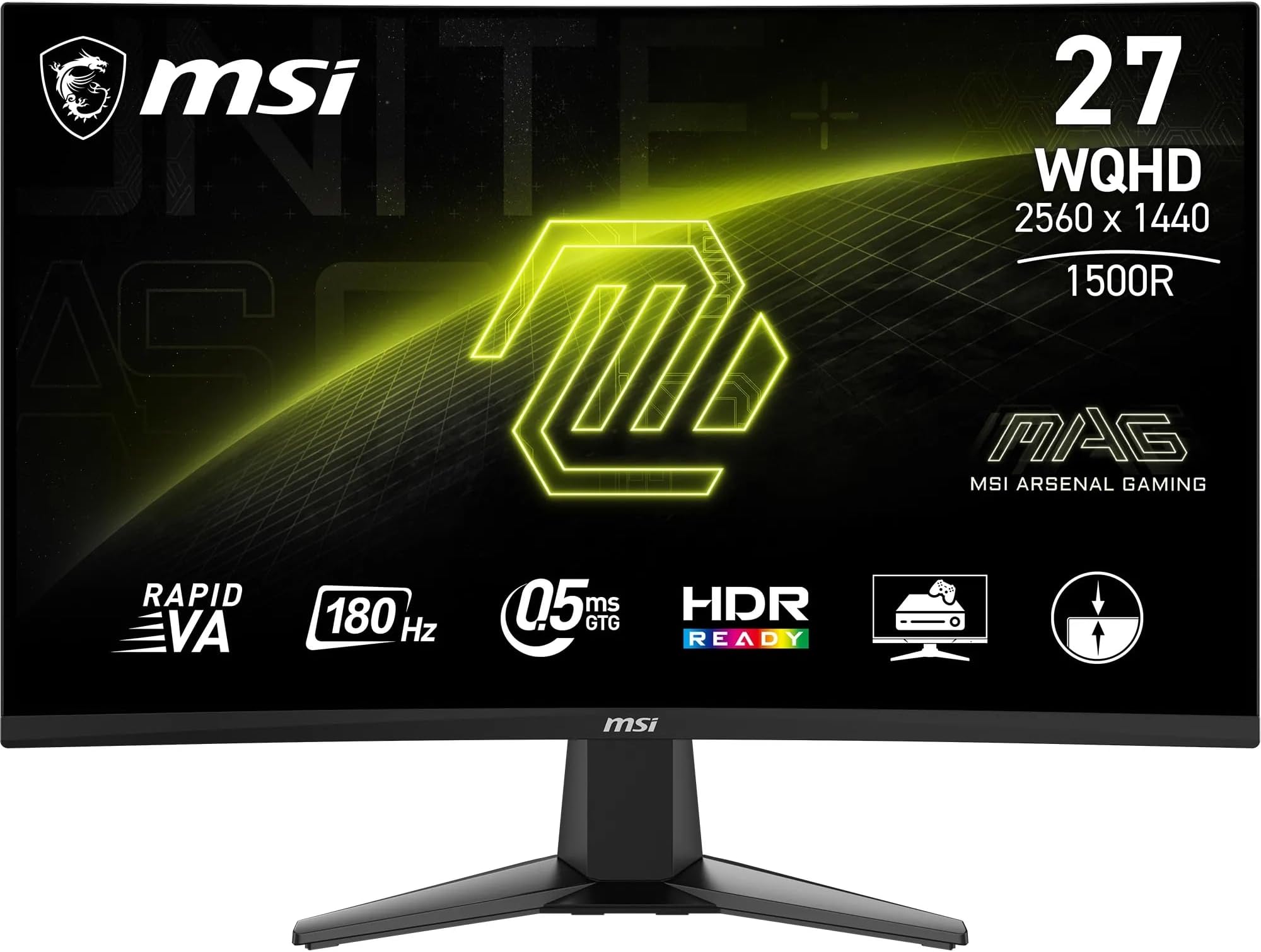 MAG 27CQ6F 27 Inch WQHD Curved Gaming Monitor - 1500R 2560 x 1440 Rapid VA Panel, 180 Hz - 05ms (GtG, Min), Adaptive-Sync - DP 14a, HDMI 20b CEC