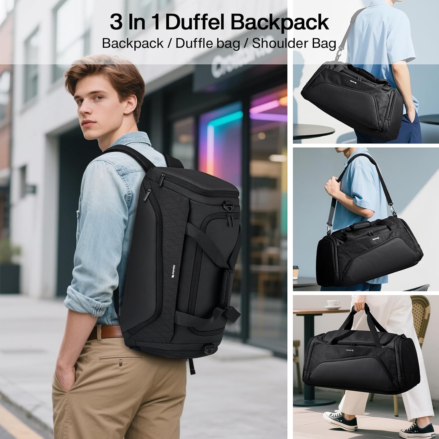 Hanke Carry On Luggage Airline Approved Duffle Bag for Travel, Multifunctional 3 In 1 Travel Duffel Bags for Traveling, 44L Weekender Overnight Gym Hiking Tote Bags for Men & Women.(Black) - Image 3