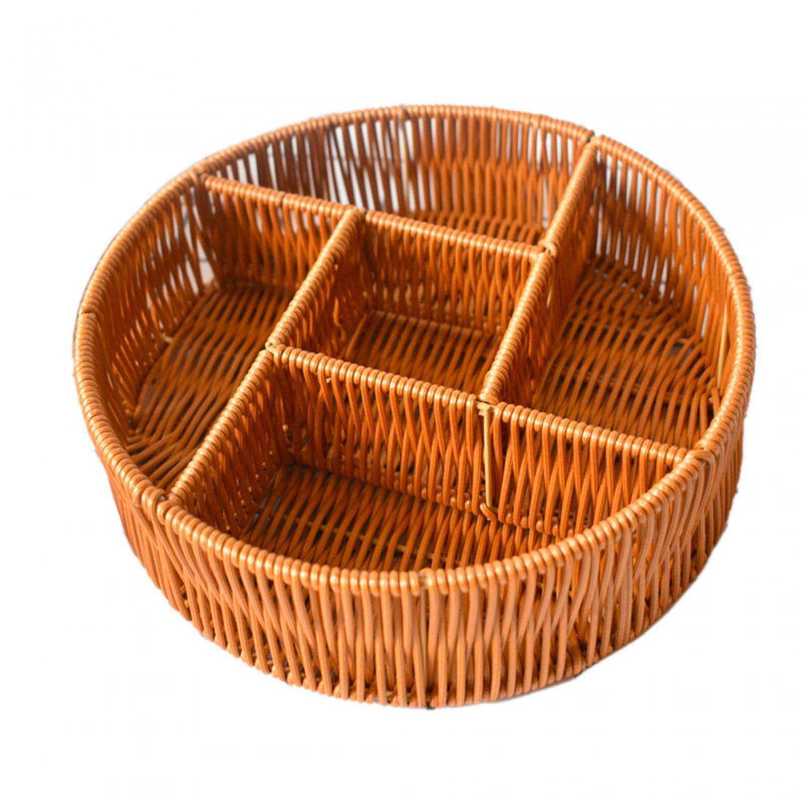 Qianly Divided Basket Organizer Imitation Rattan Bread Basket Storing Snacks Small Items Food Serving Basket Woven Fruit Basket for Bathroom Holiday, Round