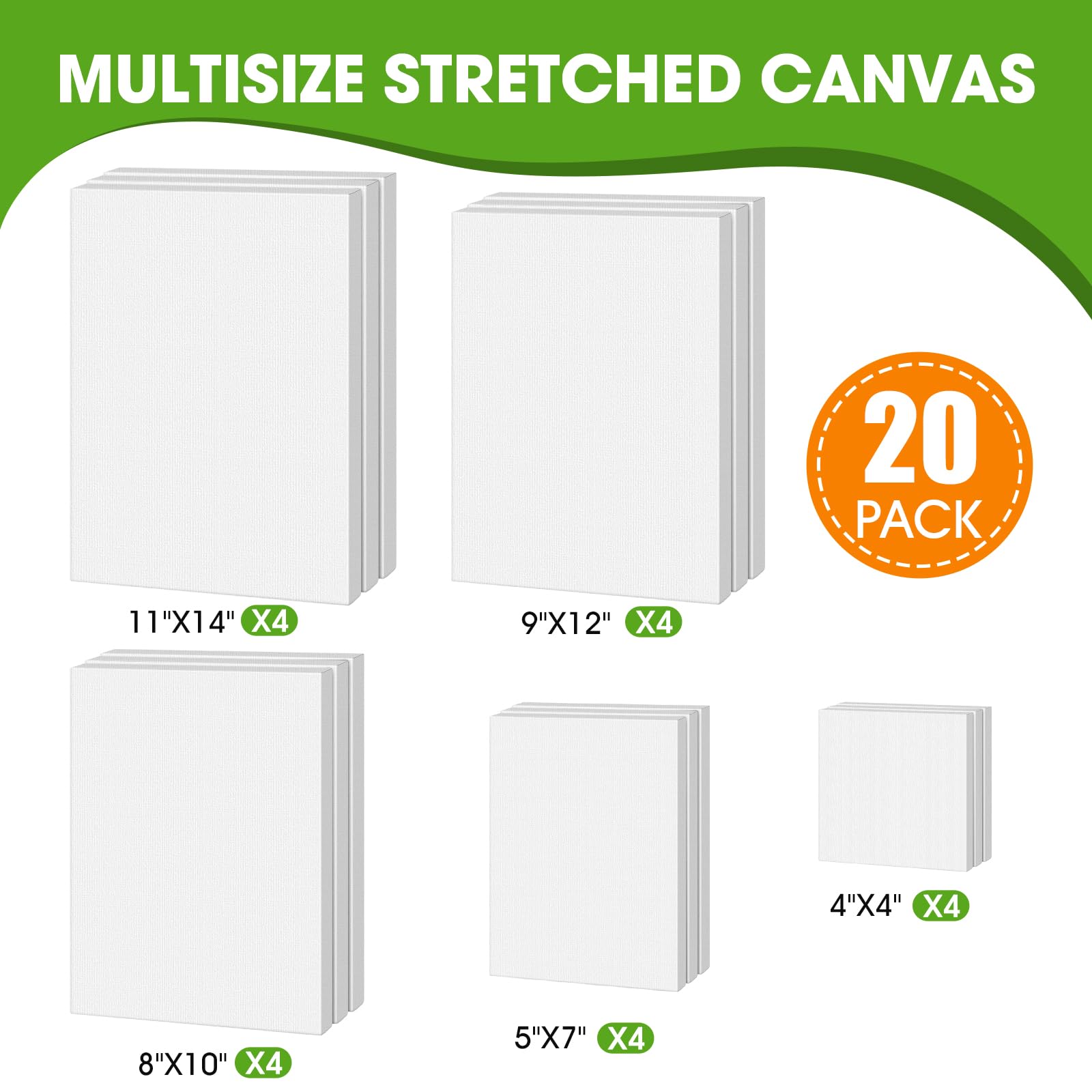 20 opakowań rozciągniętych płócien w wielu rozmiarach 10 x 10, 8 x 10, 9 x 12, 11 x 14 (po 4 sztuki), zagruntowane białe puste - dobre do akrylowego malowania olejnego na mokro lub na sucho.