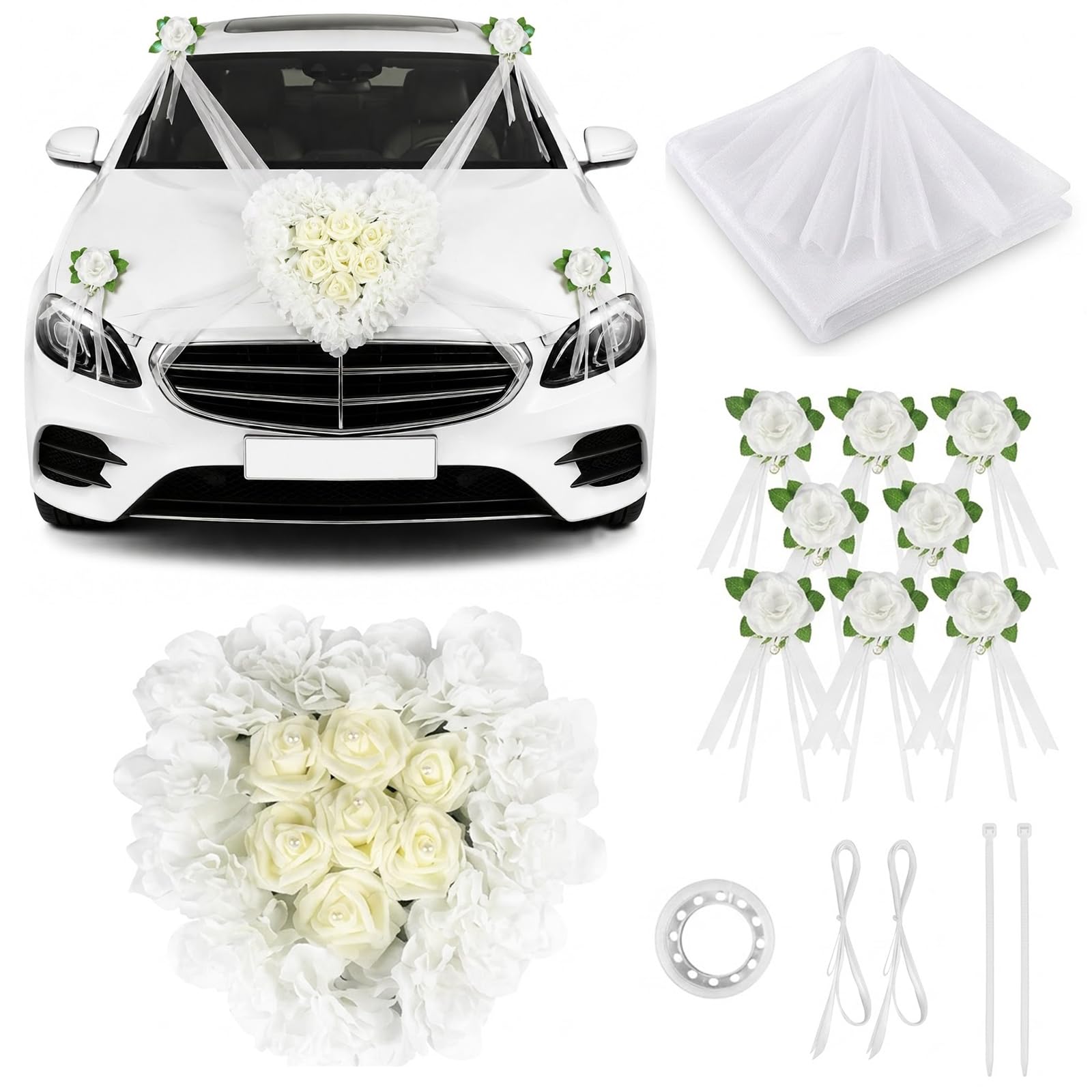 Herz Autoschmuck Hochzeit Set, Organza Girlanden & Rosen-Schleifen | 35cm Herzblumen-Deko, 8 Rosen-Schleifen, 2x180cm Organza-Bänder, starke Saugnäpfe, lackschonend, wiederverwendbar Brautauto