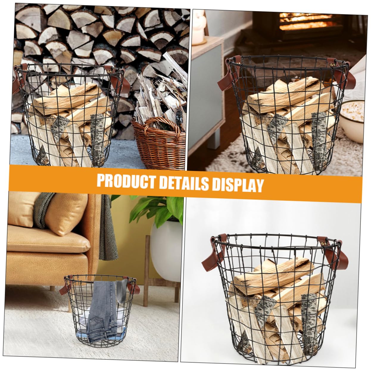 Cesta y Estructura Ventilada Rústica para Madera de Hierro Redonda con Gran Capacidad Adecuada para Camping y Uso en Interiores