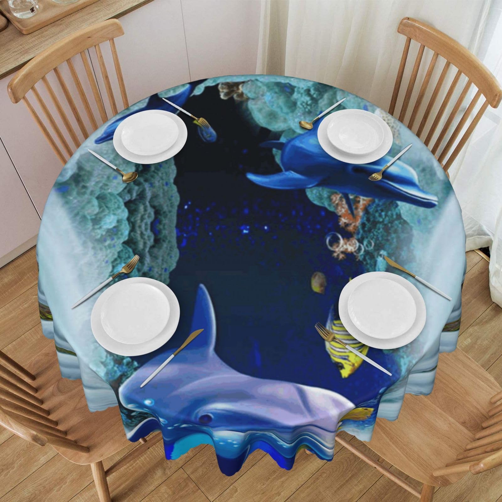 DCEHGEW 60 In Round Tablecloth with Lace, Dolphin Printed Oilproof & Washable Fabric Picnic Table Cloth Table Covers