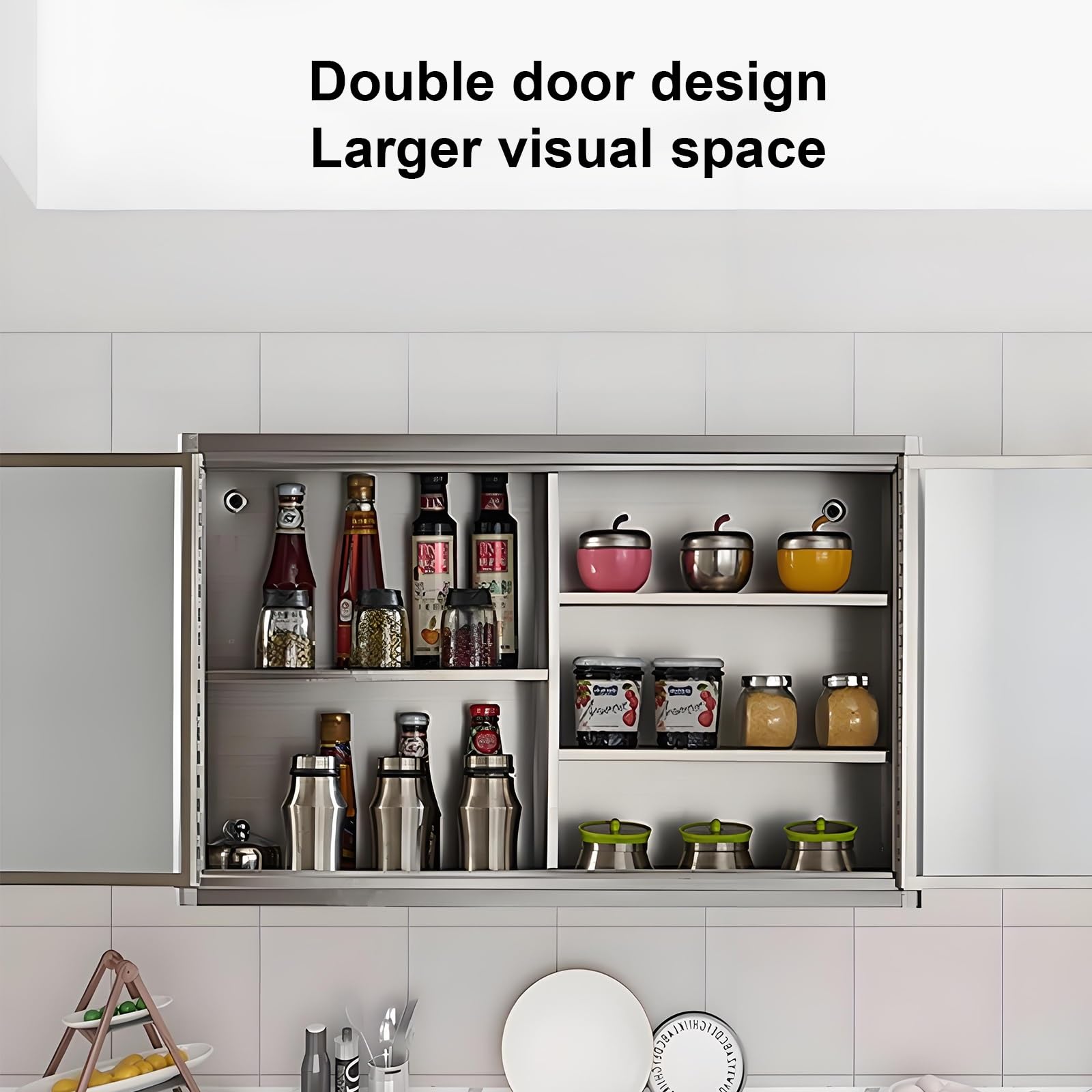 Armadietto da cucina in acciaio inox con doppie ante, ripiani regolabili, design stretto multifunzionale per spazi compatti