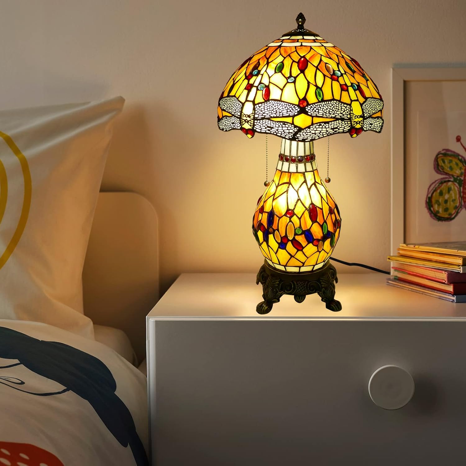 Tiffany Style Handmade Stained Glass Table Lamp Beautiful Dragonfly Table Lamps 12 Inch Wide 23 Inch Tall Vintage Desk Lamp for Living Room Bedside Home Decoration (LED Bulb Included)