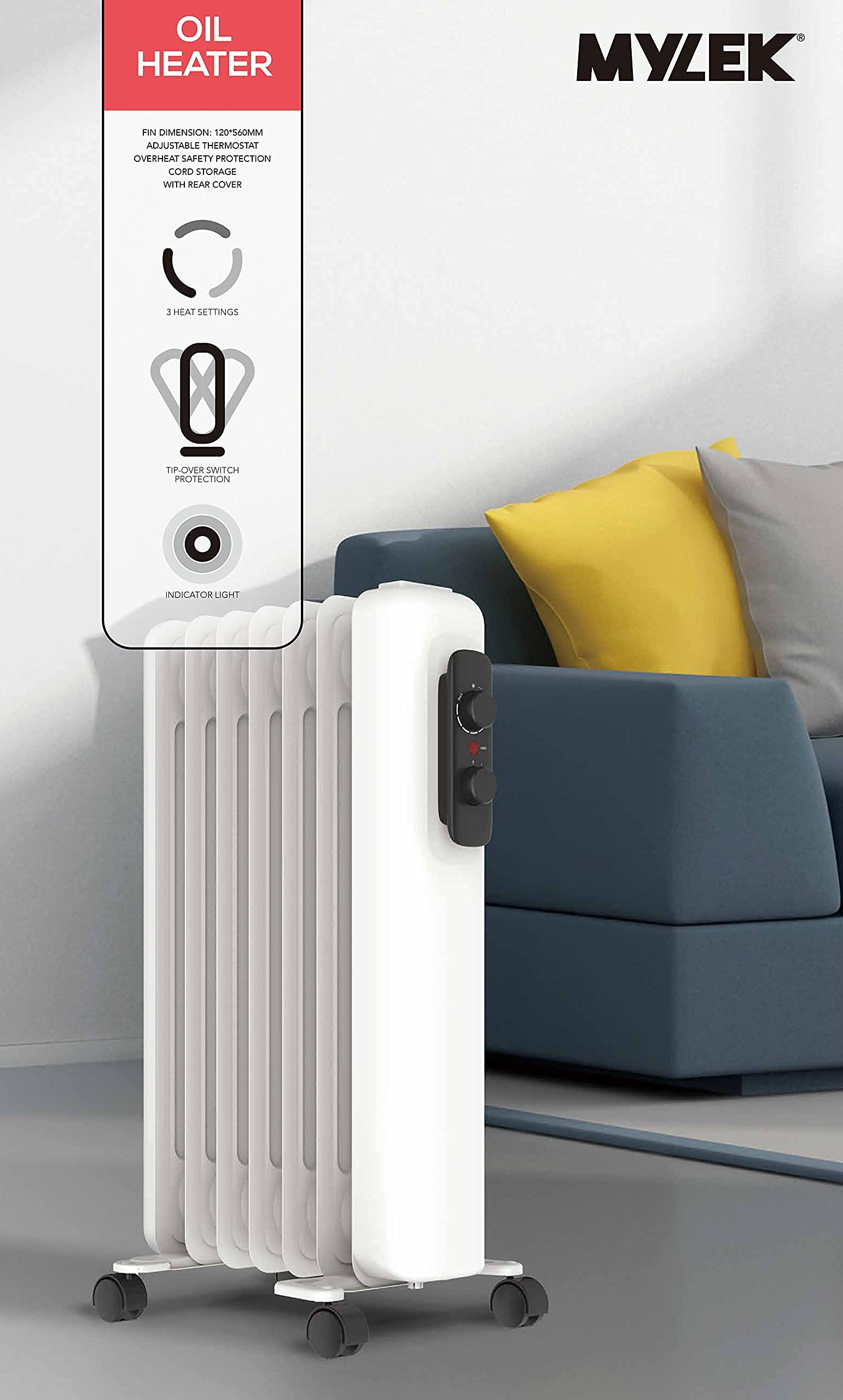 MYLEK Oil Filled Radiator - Electric Heater 1500W - Portable With  Adjustable Thermostat u0026 3 Heat Settings - Tip-Over Protection, Thermal  Safety Cut Out - Low Energy Efficient (1.5kW) : Amazon.co.uk: DIY u0026 Tools