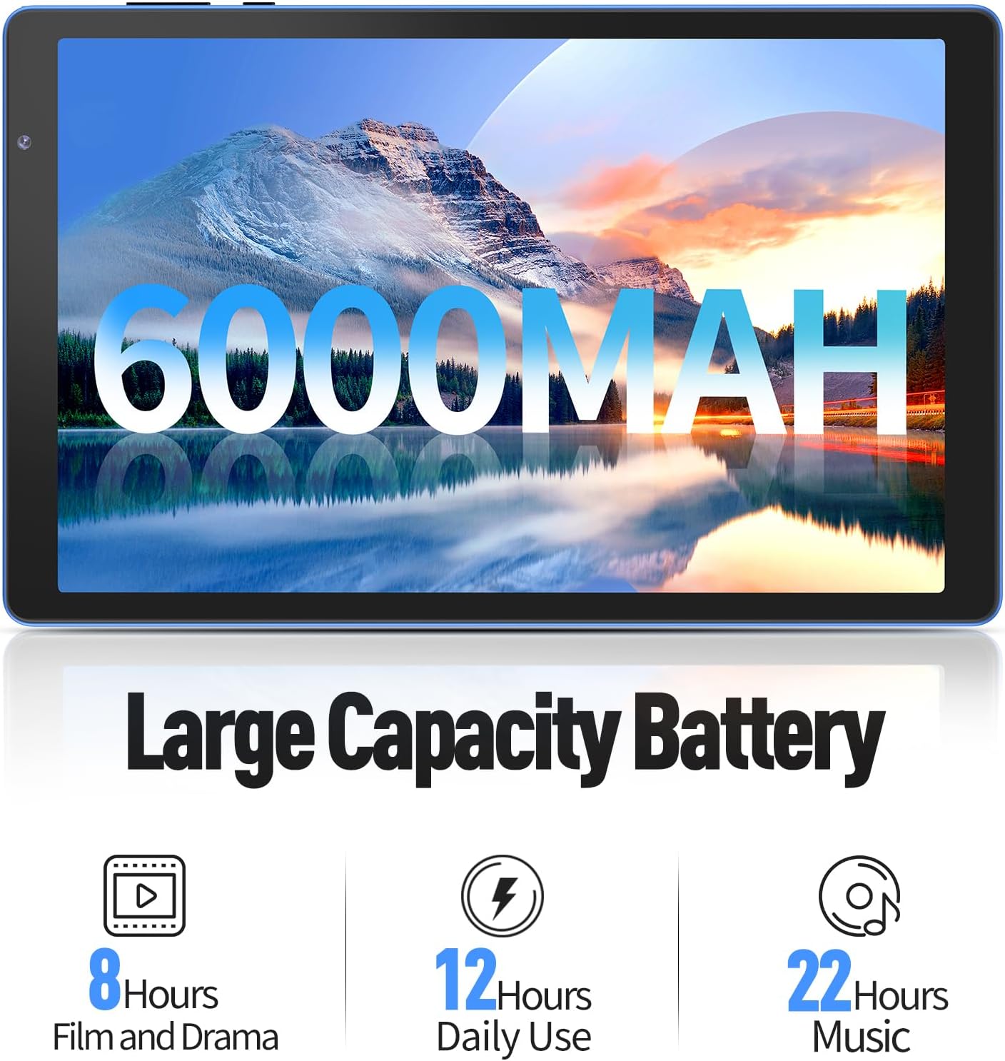 NEWISION tablet displaying a futuristic car, emphasizing NEW WIFI6 Technology for faster transmission, multi-device access, low latency, and low power consumption