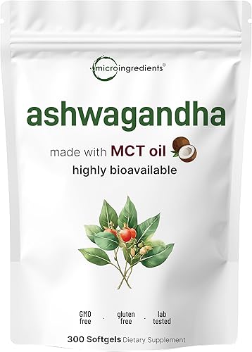Micro Ingredients Suplementos de Ashwagandha | 300 cápsulas blandas de aceite MCT de coco con pimienta negra para una mejor absorción | Extracto de