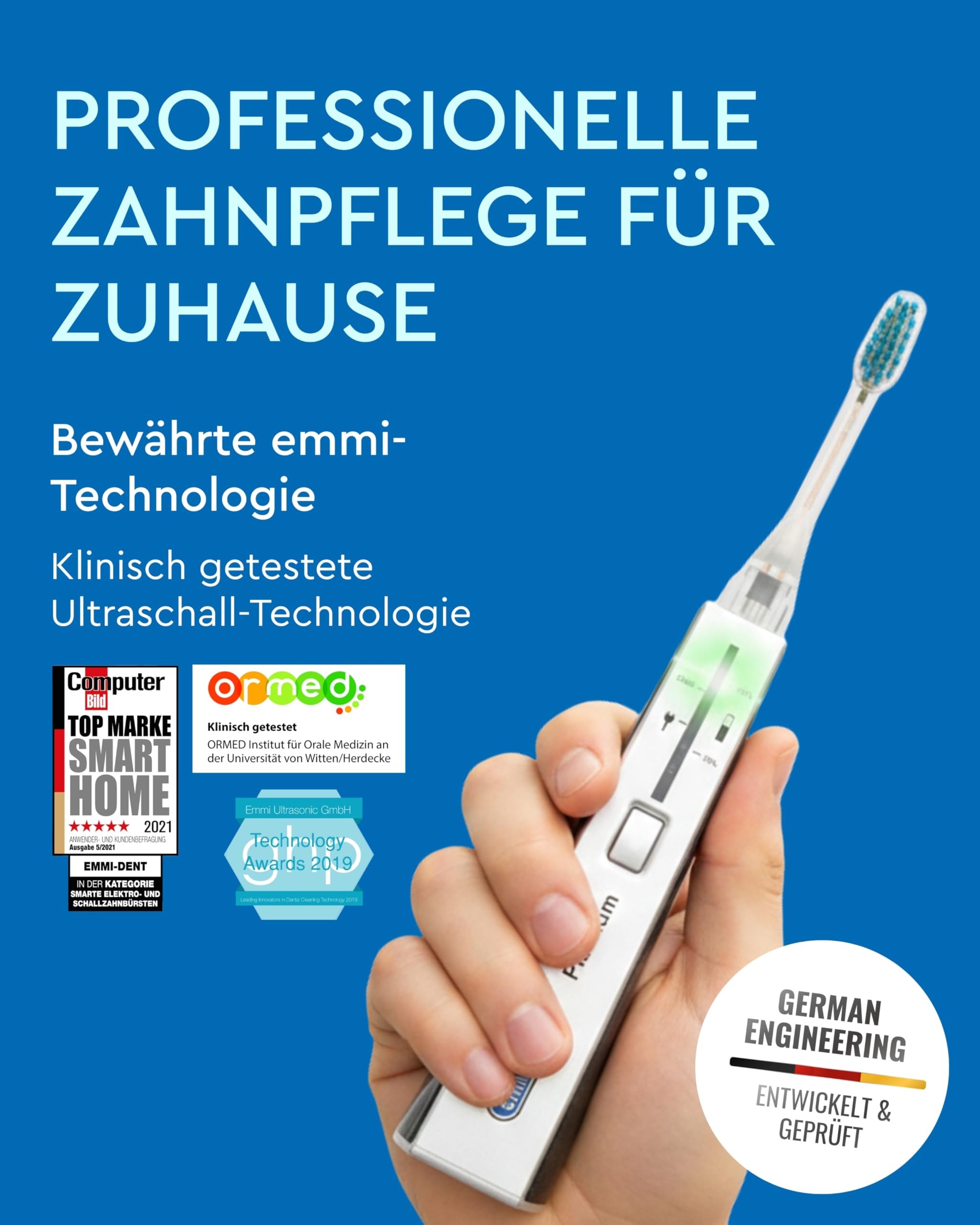 emmi-DENT Ultraschall Zahnbürste I Platinum Starter Set in Blau I inkl. Handteil, Ladestation, 2x Aufsatz & Zahnpasta I Plaque- & Zahnsteinreduzierung I Sanfte Reinigung ohne Bürstenbewegung