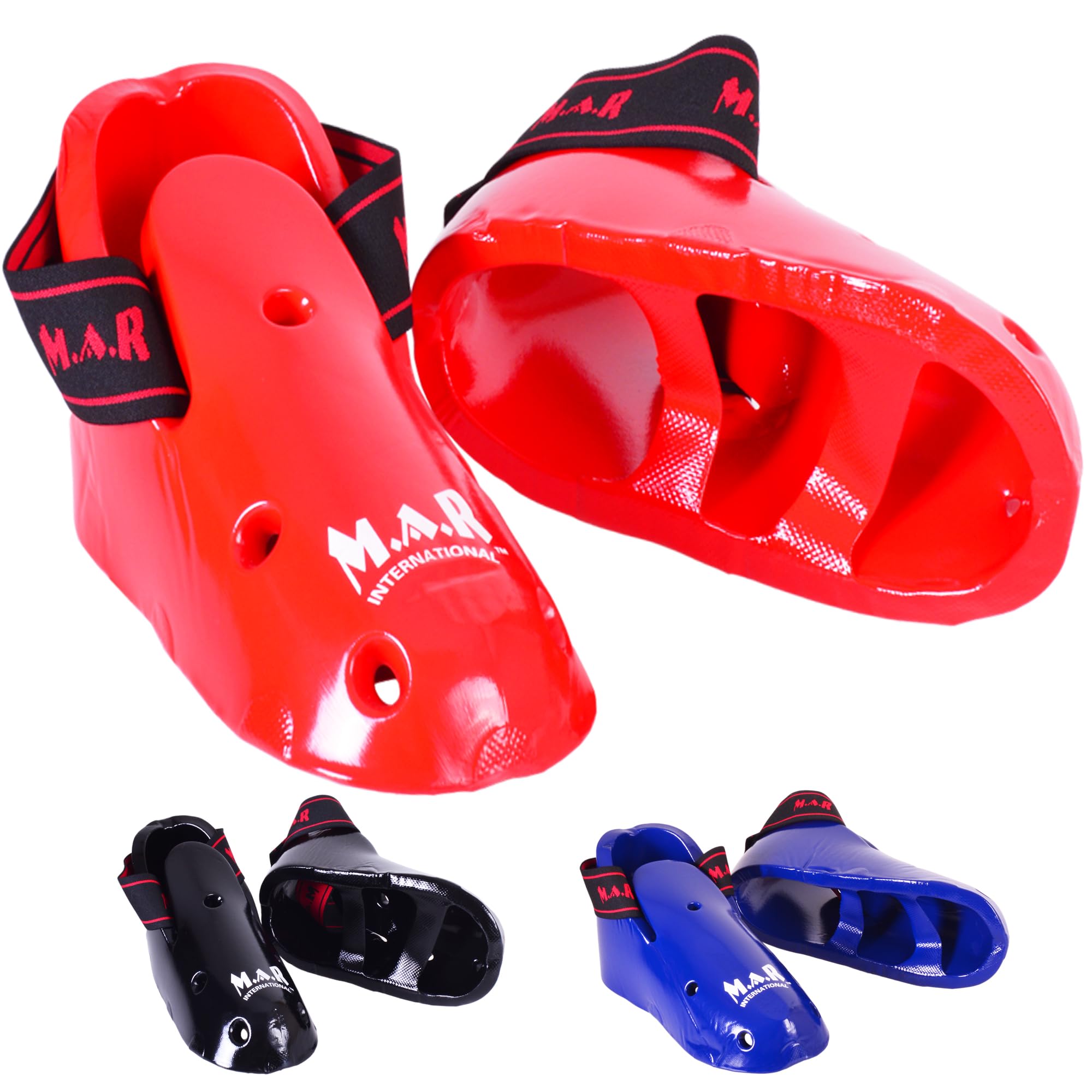 MAR | Martial Arts Foot Protector for Karate Kickboxing, Muay Thai, K1 & Taekwondo| Vinyl Dipped Foam Kick Boots Elasticated Toe Loops & Secure Strap Men, Women & Kids Red, Black Blue (Red, M)
