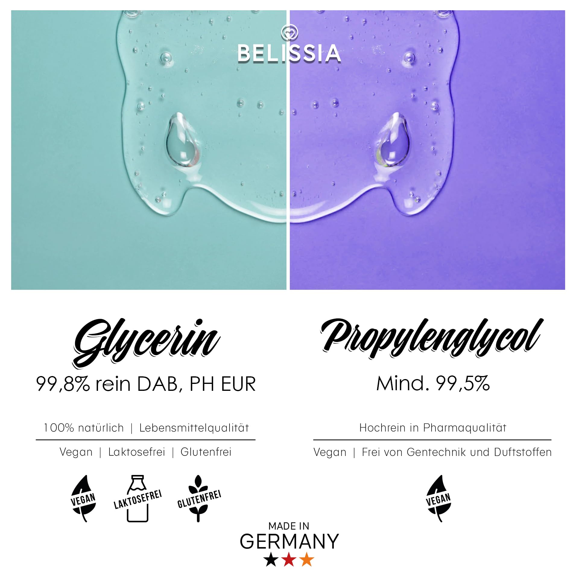 Belissia Glycerin (VG 99,8%) 1000ml E422 + & Propylenglykol (PG 99,5%) 1000ml E1520 | Laborqualität, Kosmetik, Pharma, Lebensmittel, Vegan