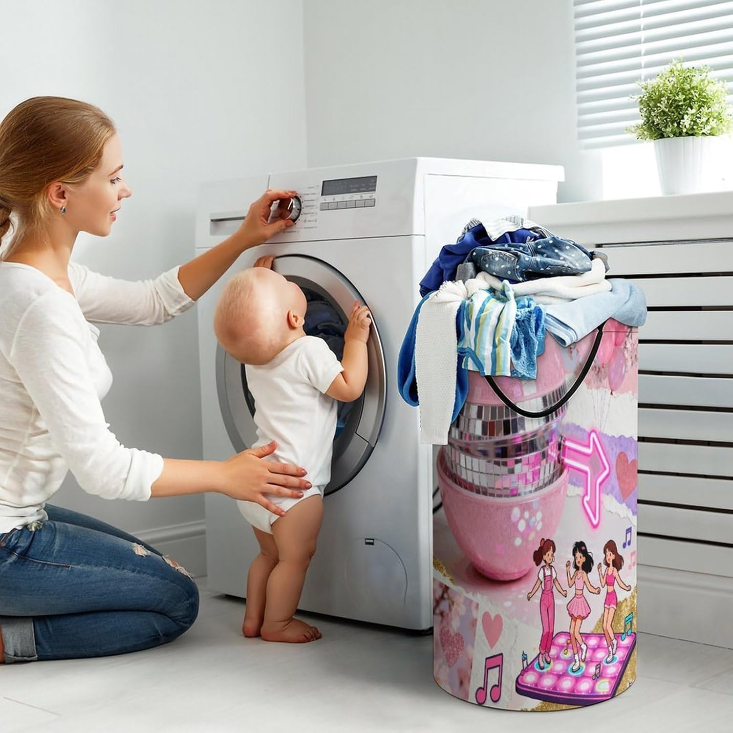 Pink Disco Collage Laundry Hamper Fashion Dirty Laundry Hamper Portable Laundry Hampers with Handles Lightweight Large Clothes Storage Basket for Bedroom Bathroom