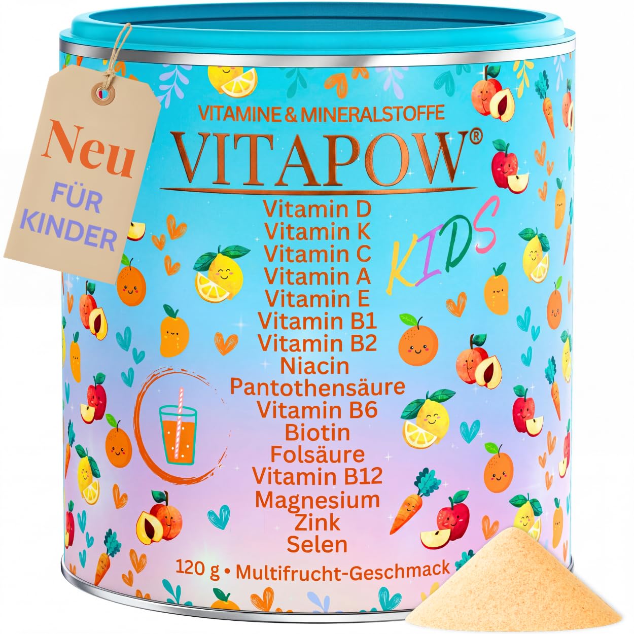 Vitamine für Kinder - Multivitamin Pulver mit Mineralstoffen ab 4 Jahren - Immunsystem Kinder - ohne Zuckerzusatz, vegan, in Deutschland hergestellt - Multifrucht-Geschmack - 30 Portionen