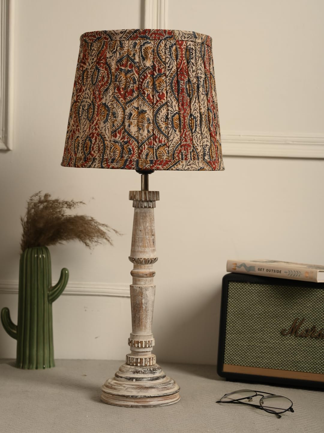 Buy Green Girgit Empire Wooden Lamp in Distress White Color with