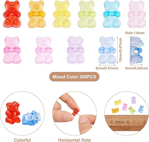 Miniatura 6 de FASHEWELRY 200 cuentas de oso de acrílico transparente, color mixto, cuentas espaciadoras de oso de gomita, mini cuentas sueltas de oso lindo a