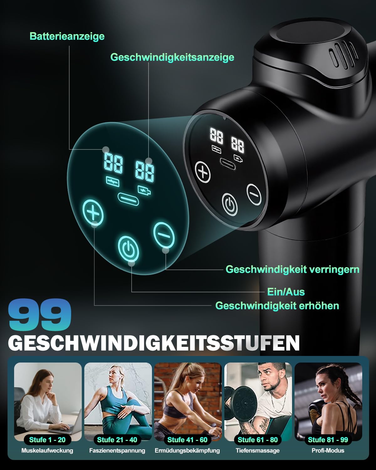 Massagepistole, Leise Elektrische Handmassagegeräte mit LCD Display, 99 Geschwindigkeiten & 8 Massageköpfe, Massage Gun für Muskeln Faszienpistole für Männer Frauen, Vatertagsgeschenk für Papa