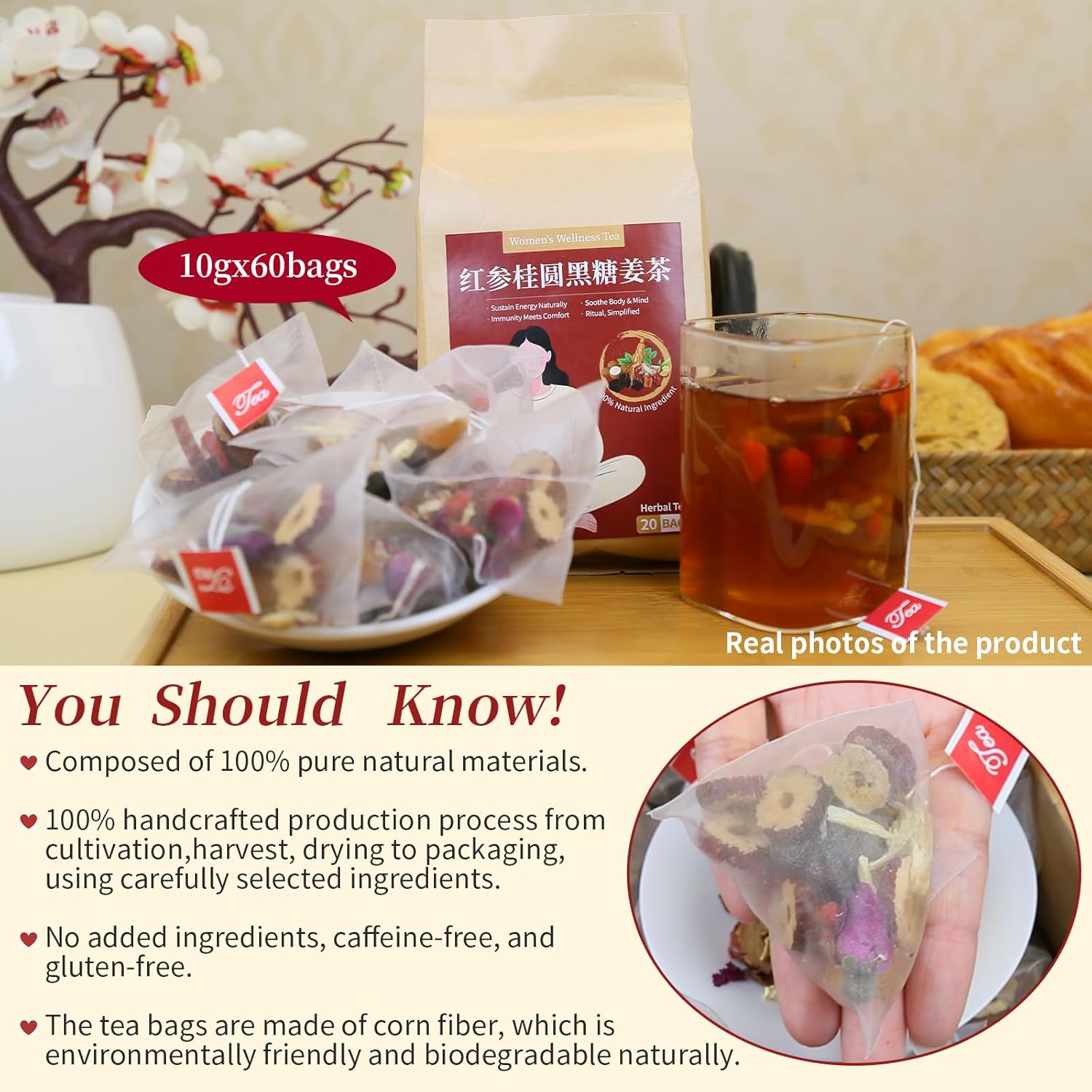 Baihuatang Red Ginseng ,Longan, black sugar, red dates, goji berries,, rose flowers, ginger,Caffeine Free, Warm Beverage 60 Bags (720g) jujube tea Brown sugar ginger jujube tea Goji Berry Guiyuan Drink Tea Bags 红糖姜茶