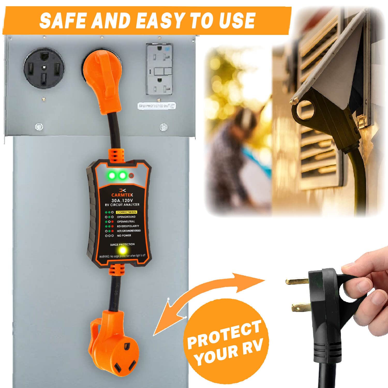 Portable RV Surge Protector 30 Amp - RV Circuit Analyzer with Integrated Surge Protection - Smart 30 Amp Power Defender with Grip Handles