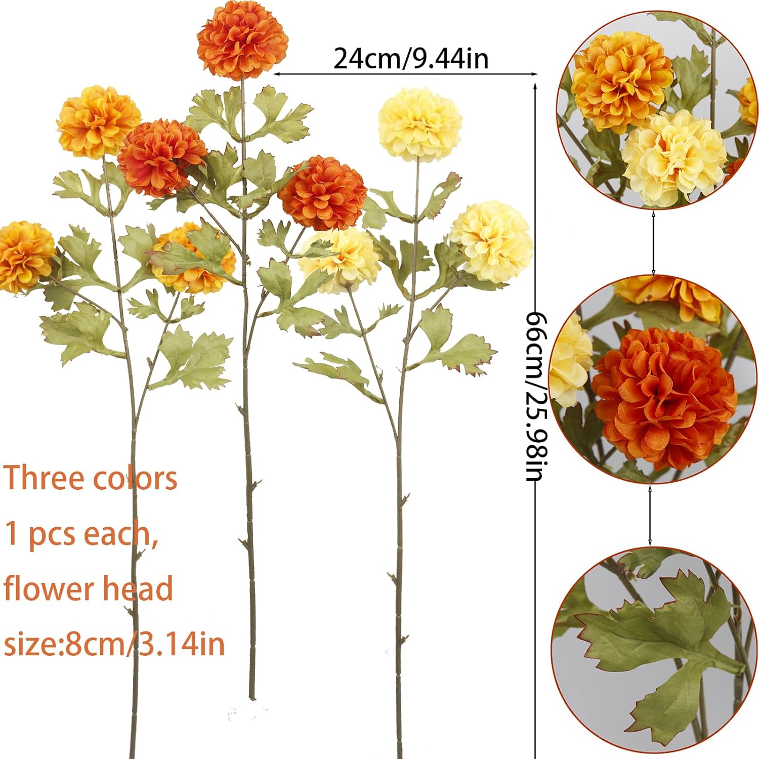 CISDUEO 3 Pcs Artificial Marigold Flowers Artificial Chrysanthemums Ball Flower Orange Silk Mums Flowers Spring Branches for Home Decor Floral Arrangement Table Centerpiece - Image 2