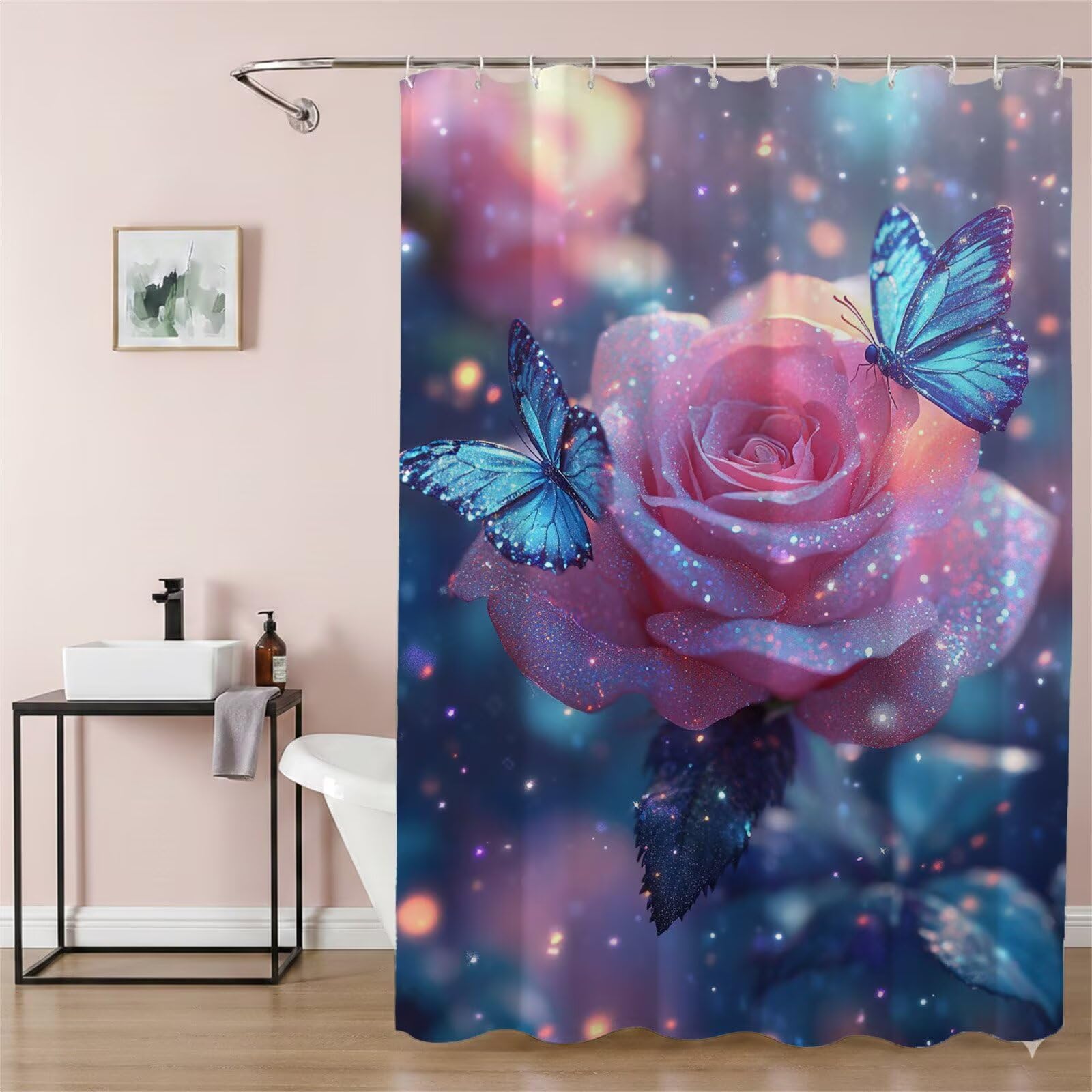 Rideau de douche déco jardin extérieur et intérieur motif papillon rose 90x180