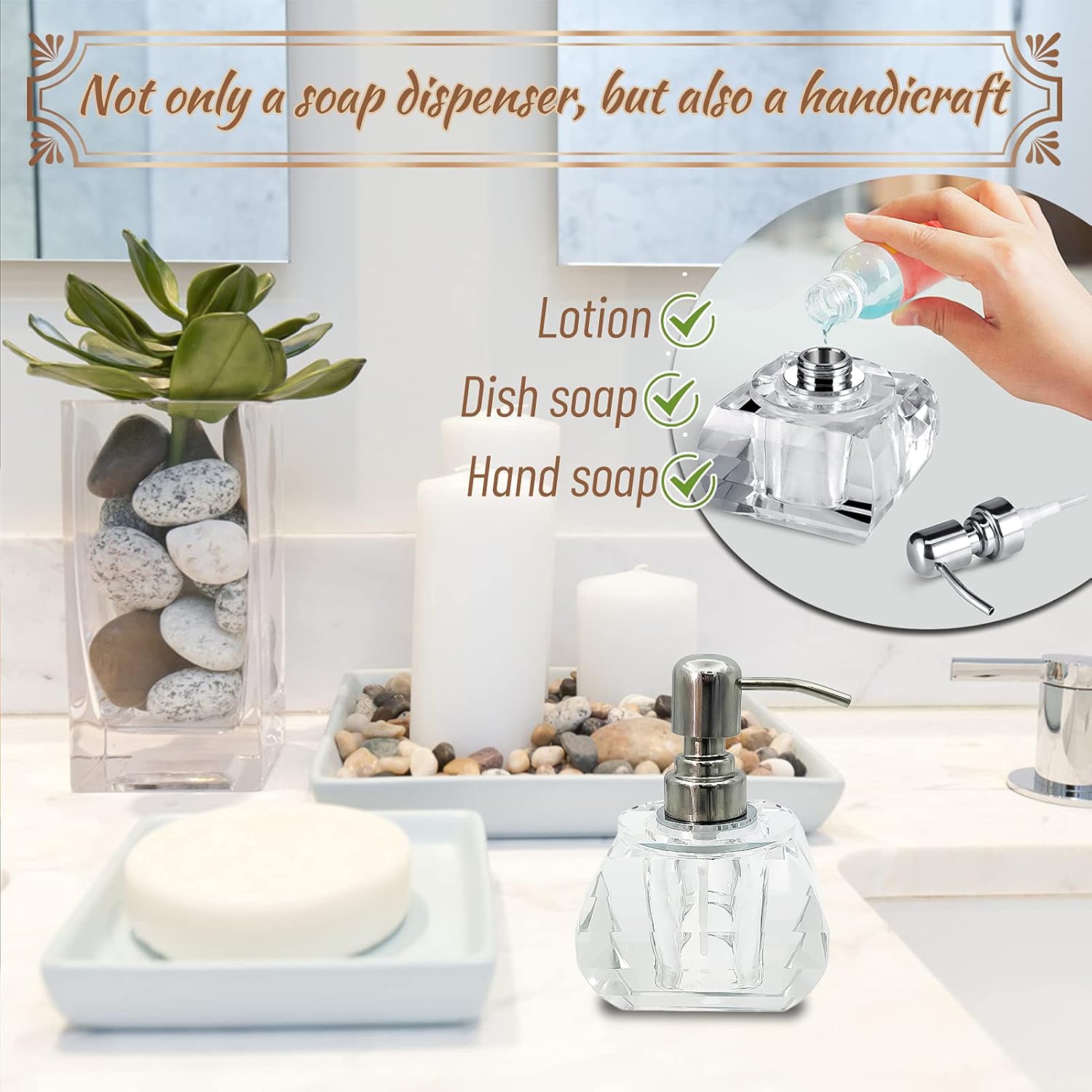 QTQZDD Crystal Glass Soap Dispenser for Bathroom, Modern Decorative Hand Soap Dispenser with Rust Proof Stainless Steel Pump, Lotion Dispenser for Kitchen Hotel Club Ornaments-Clear Glass