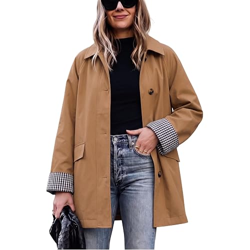 Athlisan Women's Lightweight Trench Coat Button Front Plaid Lining Jacket