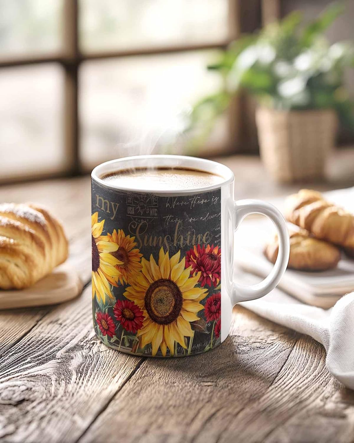 BEMIGO Ceramic Coffee Mug Summer Sunflower Ceramic Mug White Cup, Vintage Background Insulated Coffee Cup with Handle with Pattern Perfect for Tea and Hot Beverages, 12oz