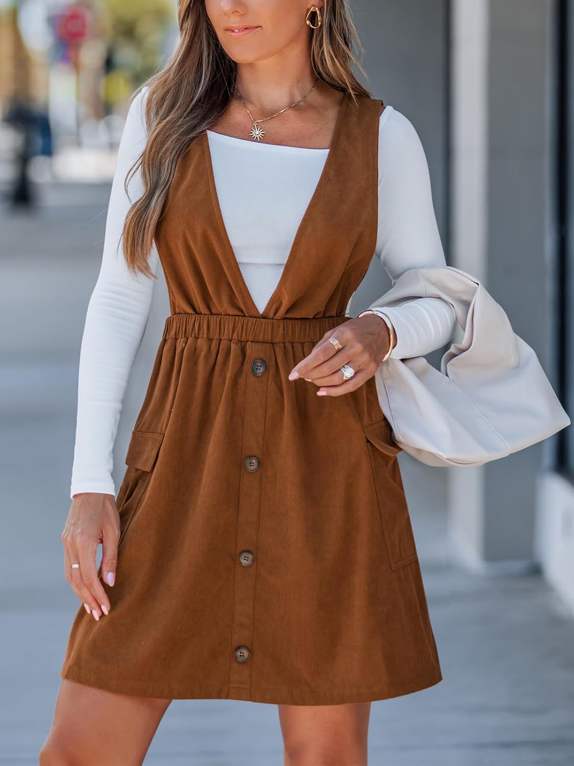 CUPSHE Women's Deep V Neck Fall Mini Dress A Line Sleeveless Overall Dress Elastic Waist Side Pockets Casual Jumper - Image 2