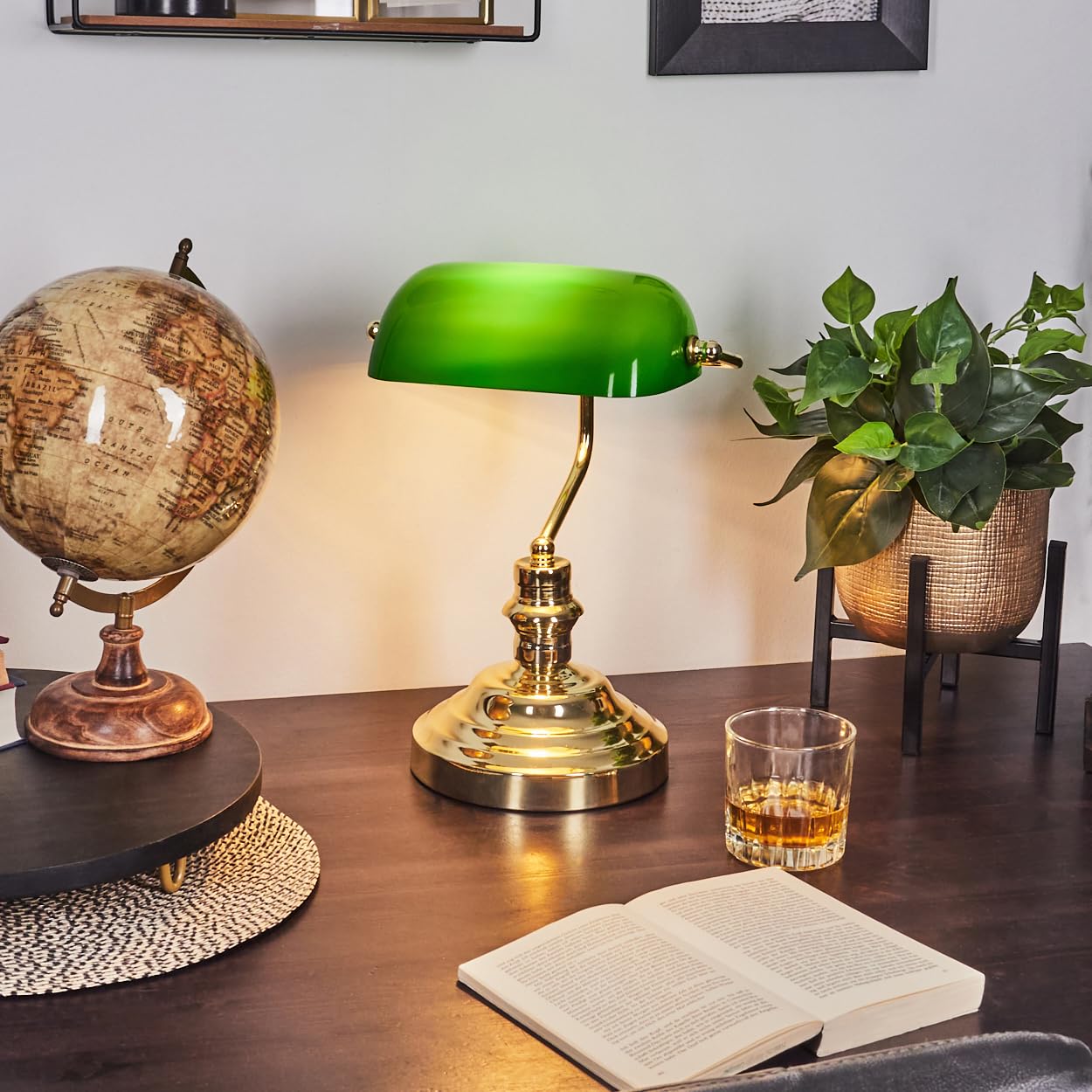 Lampada classica da banco, lampada da tavolo retrò in metallo in ottone lucido, paralume in vetro verde, attacco E27, lampada da tavolo per ufficio e scrivania, senza lampadina/e