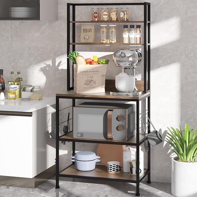 Dripex 5-Tier Kitchen Baker's Rack with 10 Hooks Microwave Oven Stand Spices Utensils Kitchen Utility Storage Shelf Free Standing Industrial Organizer