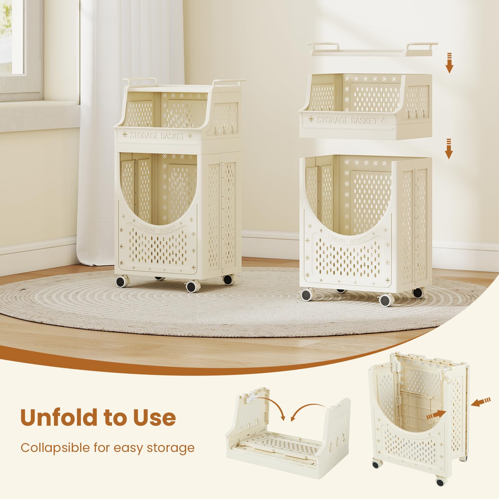 GIANTEX - Carrello portabiancheria con 4 ruote e 6 ganci, cesto per la biancheria da 40 L, design pieghevole, contenitore per la biancheria e organizer per bagno, camera da letto, dormitorio