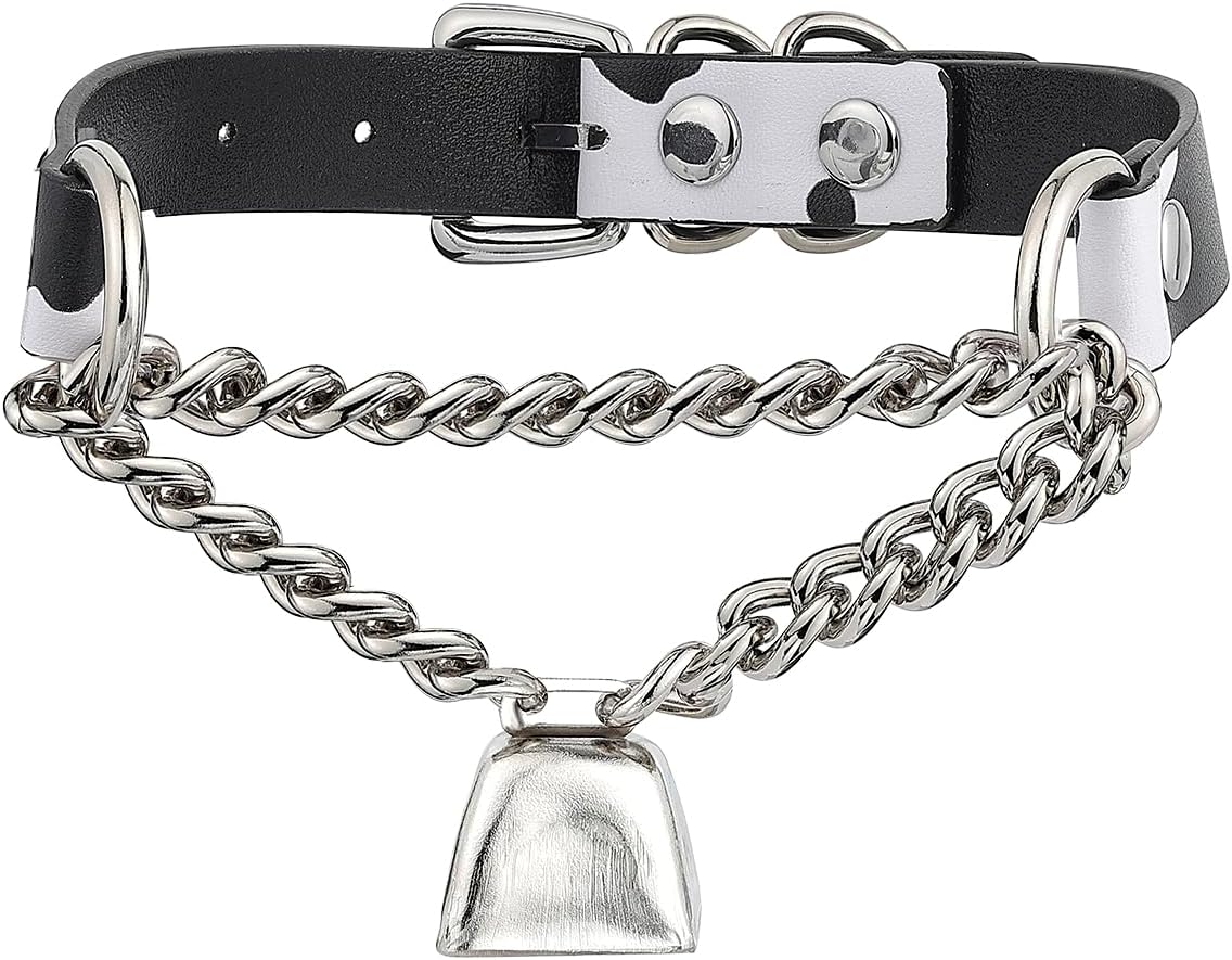 Handmade Cow Print Bell Collar Choker Necklace for Women, Adjustable Cow Print PU Leather Buckle Cuban Chain with Gold Bell Necklace, Gothic Cow Outfits Collar for Women