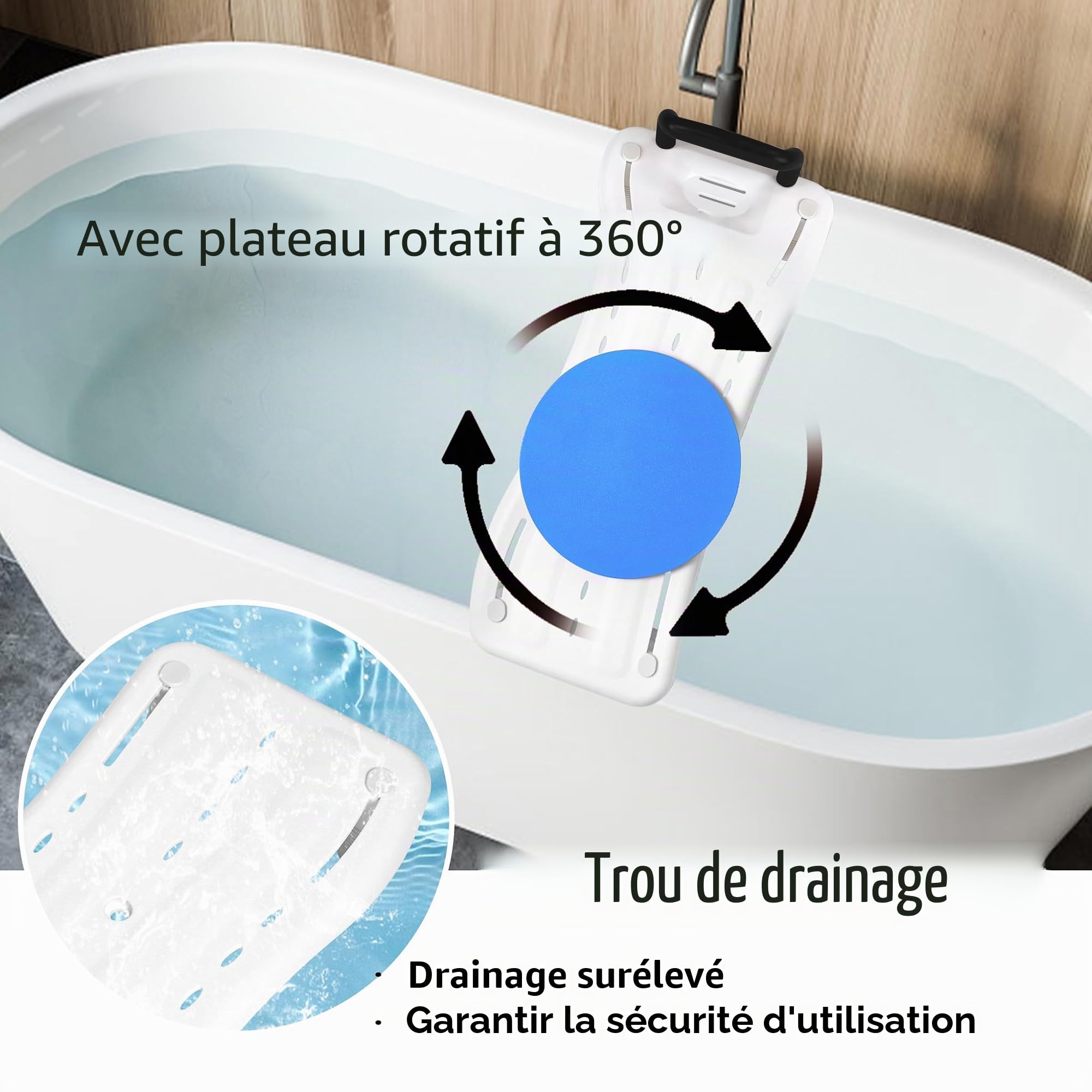 FIVMEN Planche de bain pour personnes âgées, adultes, avec poignée ergonomique et plateau rotatif, siège de baignoire antidérapant, planche de douche, planche de bain, noire