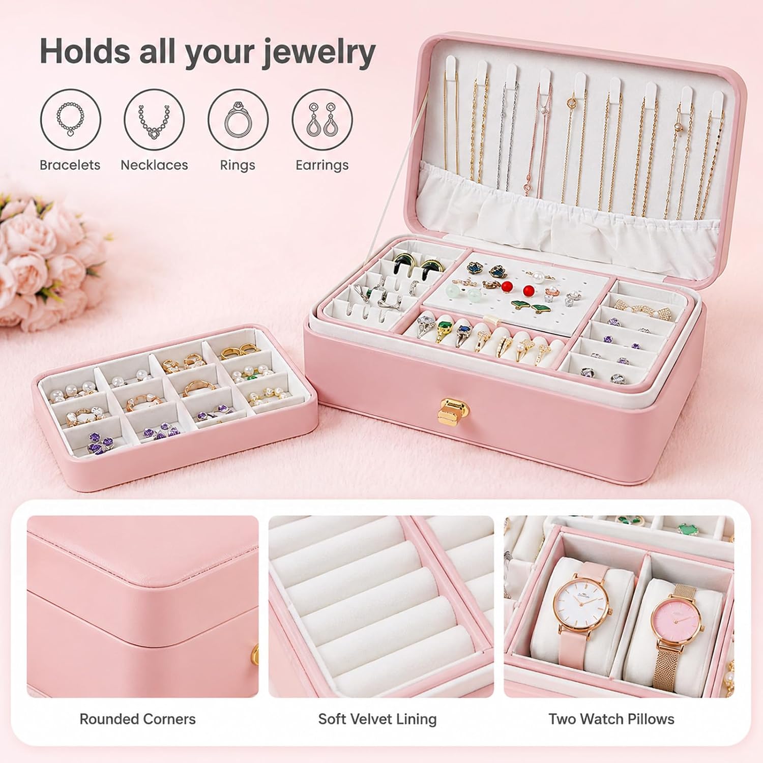 Jewelry Organizer Storage Compatible with Pandora Charms Beads, 2 Layer Lockable PU Leather, Portable Jewelry Storage Box Hold Pandora Bracelets, Necklaces, Bangles, Earrings, Rings image 4