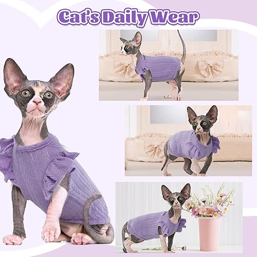 Miniatura 3 de DENTRUN Sphynx - Camisa de gatos sin pelo, ropa de gatito con mangas con volantes, transpirable, pijama para gatos, Púrpura