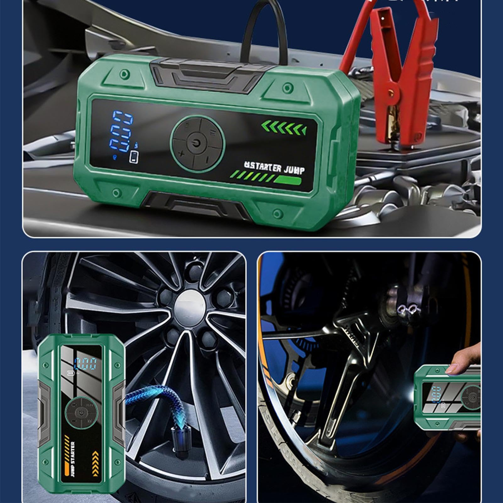 Pompa ad aria | con luce ricaricabile | Avviatore di emergenza con compressore d'aria – per veicoli automobilistici bici pneumatici palla viaggio viaggio viaggio campeggio escursionismo arrampicata