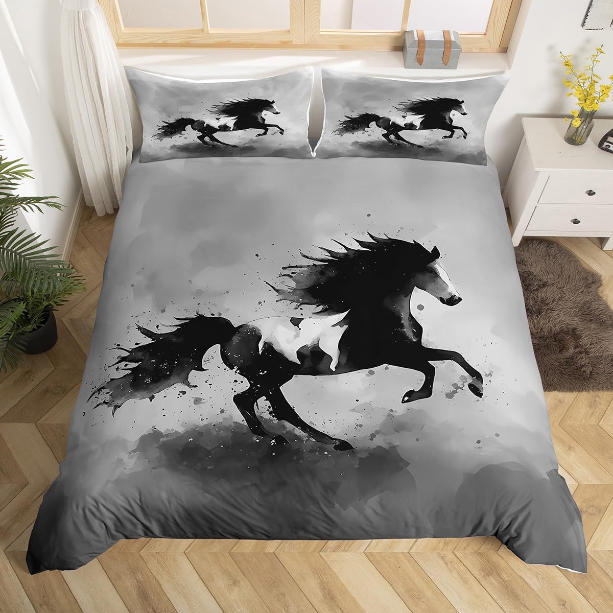 Homemissing Black Horse Duvet Cover Set King Size Galloping Horse Bedding Set for Boys Girls Nature Wildlife Duvet Cover Wild Animal Bedroom Decor 3Pcs — image 1