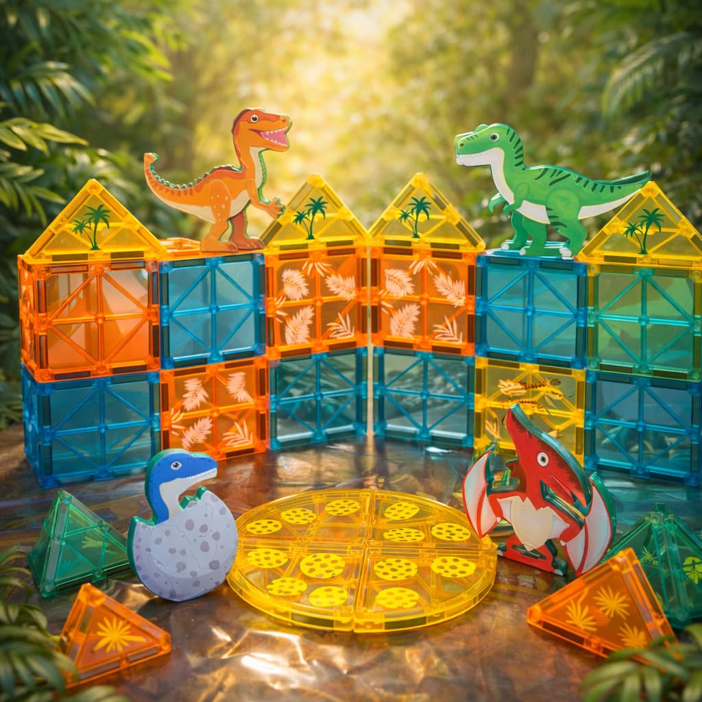 Wonder Toys STEM zestaw do budowania dinozaurów, 63 części, klocki magnetyczne 3D, zabawka edukacyjna od 3 lat