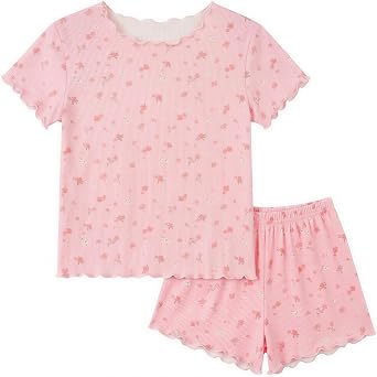 Beinou Girls Pajamas Sets Ribbed Ruffle Short Sleeve Sleepwear Toddler Summer Pjs 2 Pcs Kids Loungewear Outfit 2-9Y