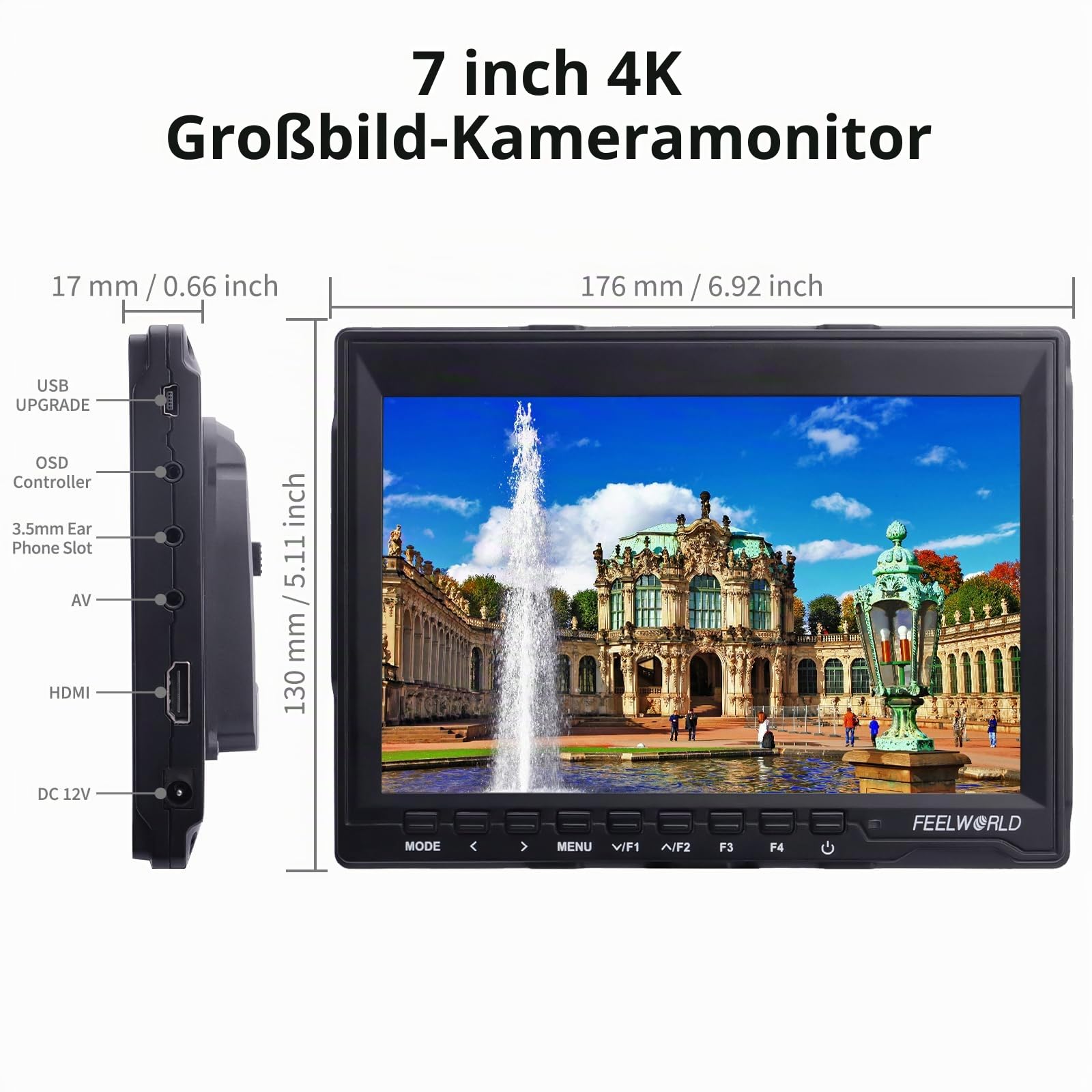 FEELWORLD FW759 7 Zoll Kamera Field Monitor,1280X800 IPS DSLR Field Monitor mit Full HD Focus Video 4K HDMI Input Output 2200mAh Batterie Speicher Case