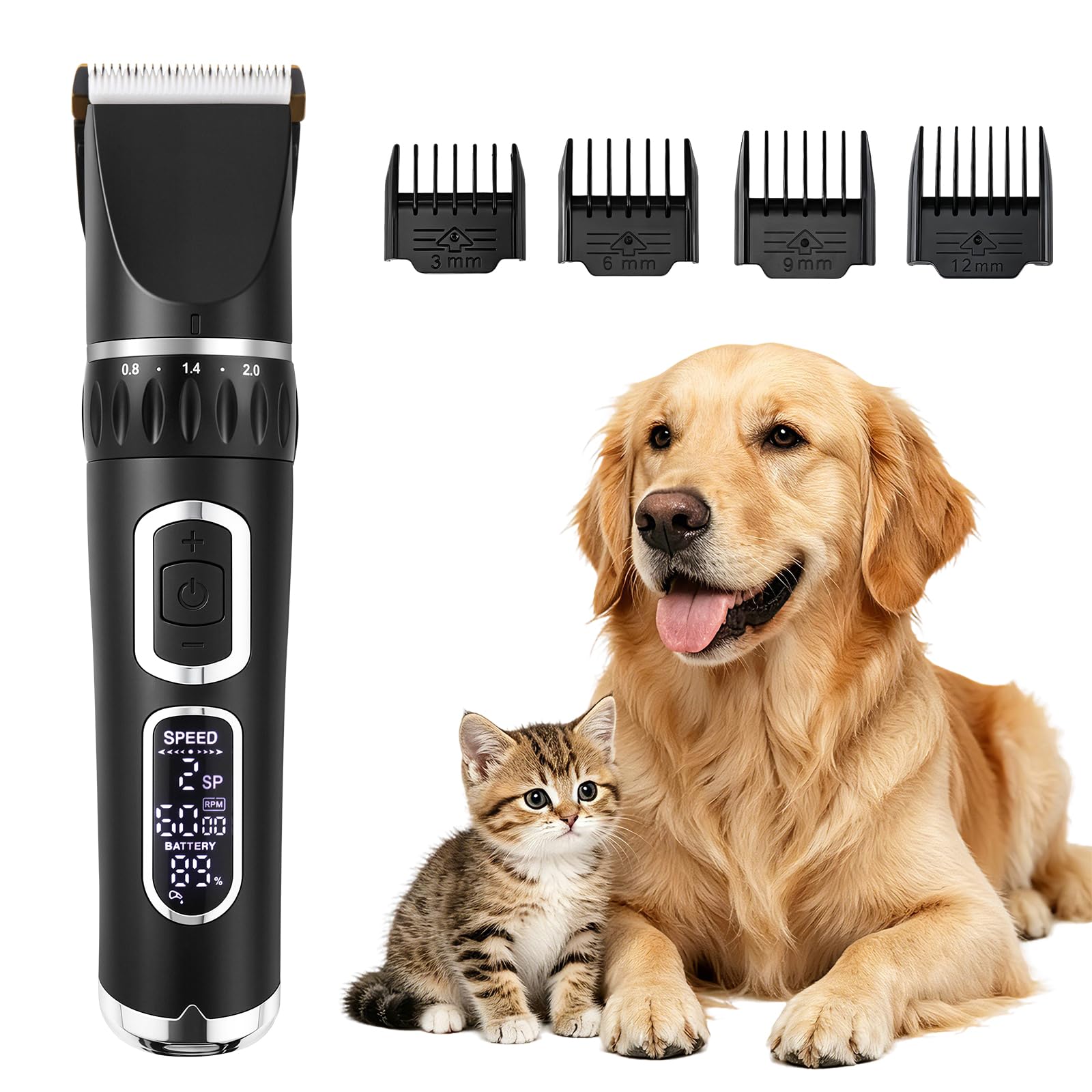 CGOLDENWALL Cortapelo Perros Inalambrico, 3 Velocidades, Perros Gatos | Cuchillas Titanio Ceramica, 210min Autonomia, 4 Peines, Carga USB, Plateado