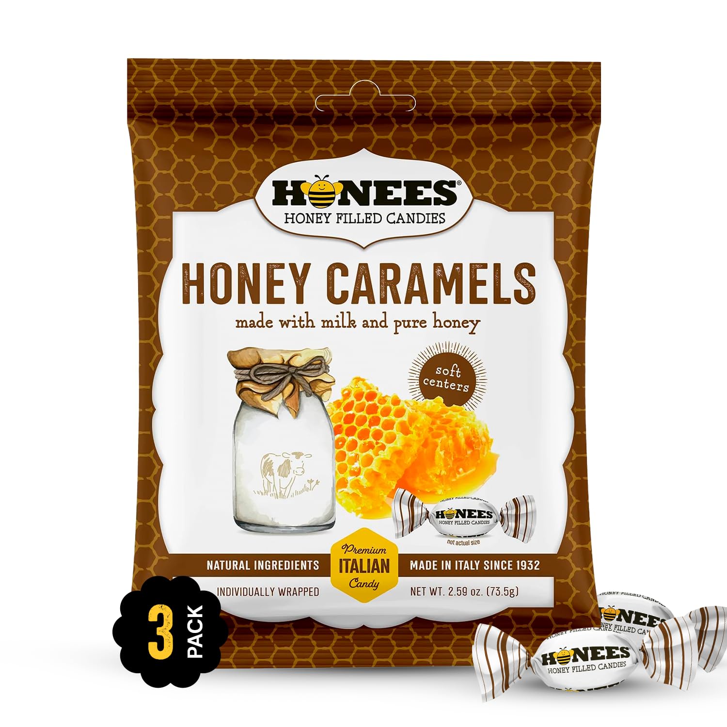 Honees Honey & Ginger Hard Candy Individually Wrapped | Natural & Healthy Candy, Italian Made with Real Honey & Indonesian Ginger, 6 Pack (17.1 oz)