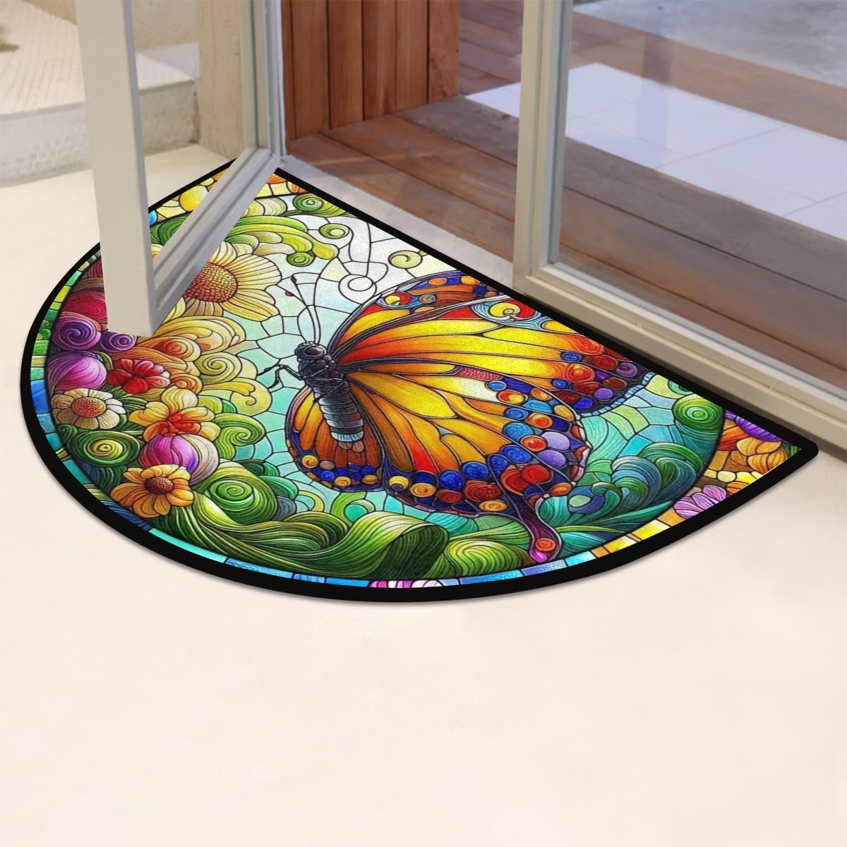 Half Round Door Mat Animal Butterfly Flower Half Moon Rug Washable Half Circle Area Rugs Indoor Entrance Non Slip Semi Circle Bathroom Rugs Floor Carpet for Kithen Bedroom Fireplace Decor