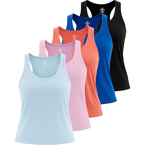 Real Essentials 5-Pack Women's Racerback Tank Top Dry-Fit Athletic Performance Yoga Activewear (Available in Plus Size)