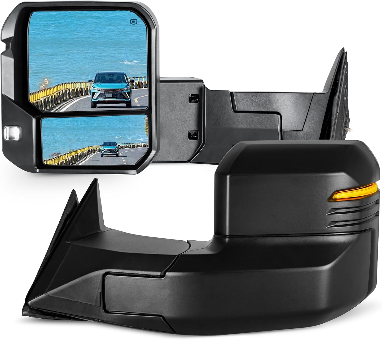 Towing Mirrors for 2022-2026 Tundra with Power Glass Heated Function Arrow Turn Signal Light Backup Light Blind Spot Monitoring Extendable Fold Pair Set (Clear Lens)