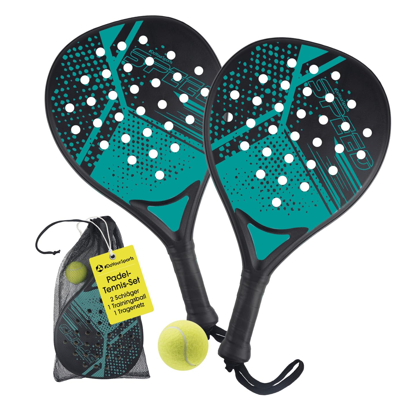 #DoYourSports Padel Schläger Set | Padelschläger & Padel Racket Starterset, 2 leichte Schläger für Padeltennis mit Ball & Netz | Rutschfester Grip ideal für Training & Freizeit