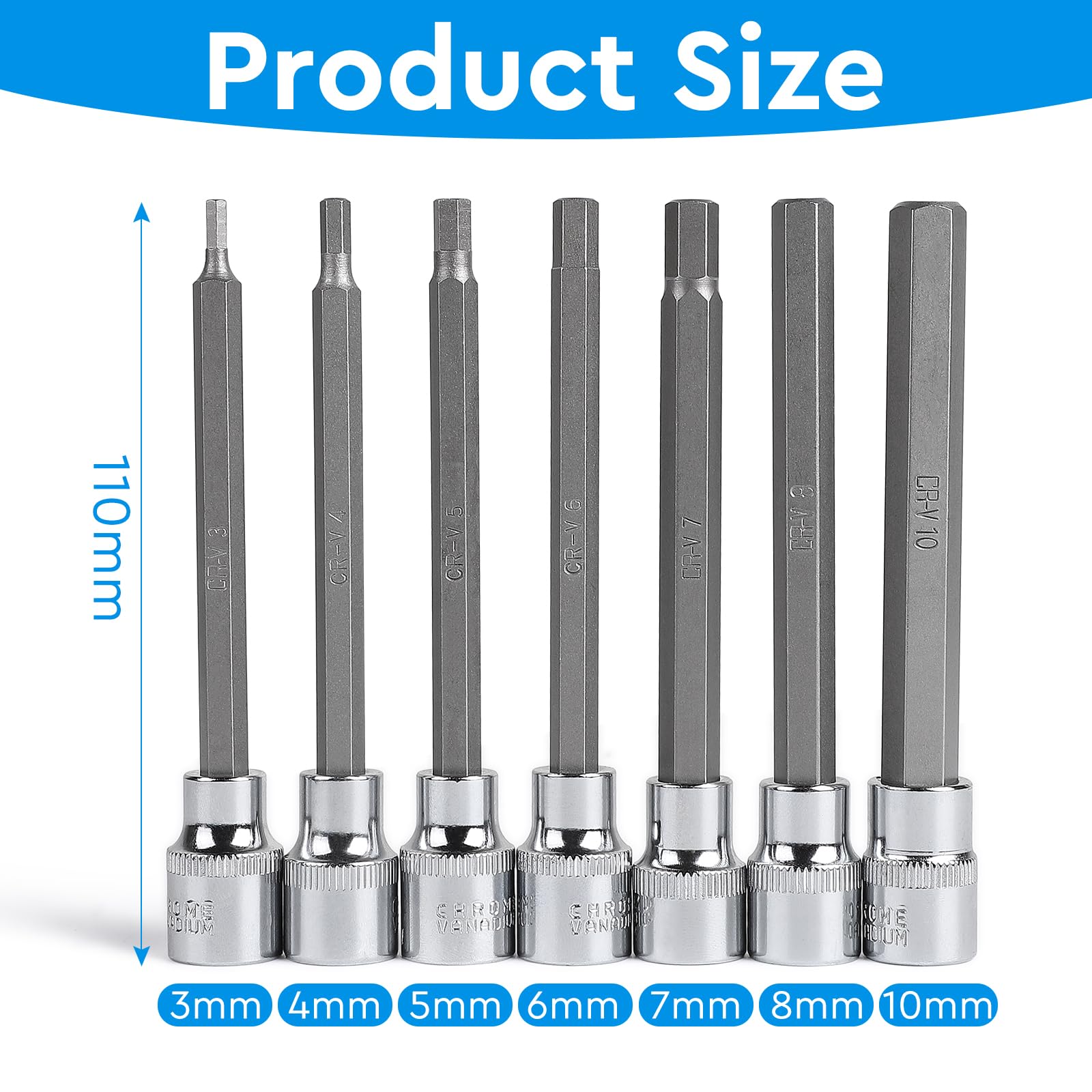 CPROSP 7 Pieces Long Hexagonal Sockets 3/8 Inch Extra Length 110 mm with 3/4/5/6/7/8/10 mm Socket in Chrome Vanadium Steel with Plastic Case - Image 2