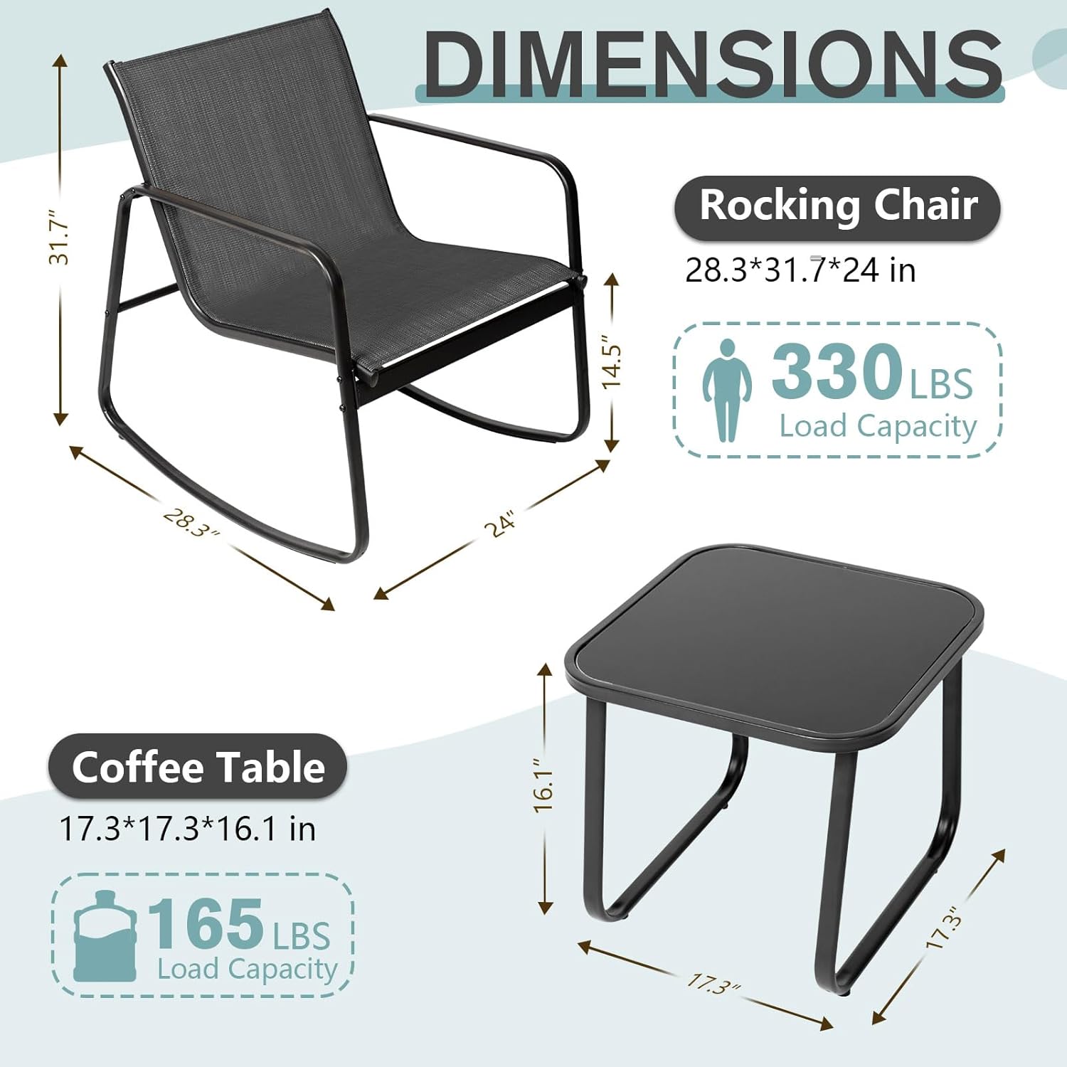 3 Pieces Patio Furniture Set Outdoor Conversation Furniture 2 Chairs with Glass Top Coffee Table Sets Beige Cushions Backyard, Pool, Garden